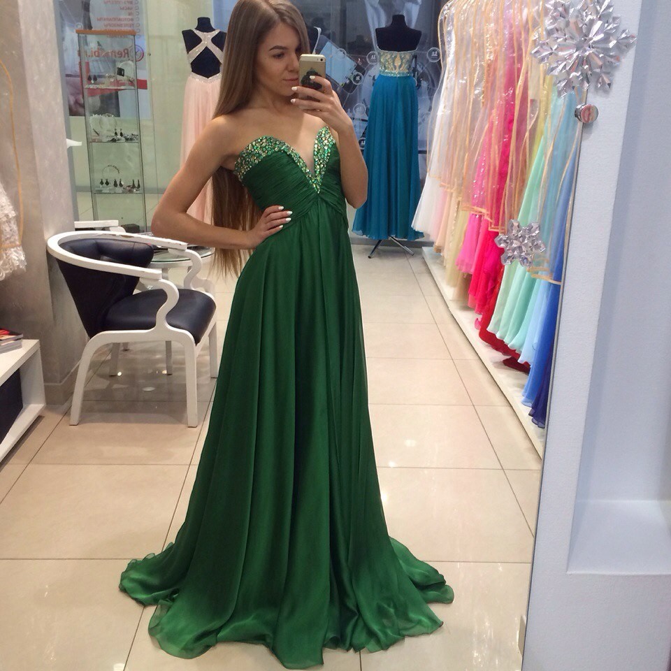 Inexpensive Hunter Green Beaded V-neck Sweetheart Empire Long Chiffon ...