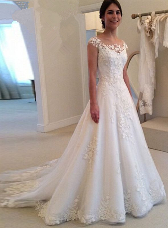 Lace Wedding  Dress  Cap  Sleeves  Button Back A Line  Floor 