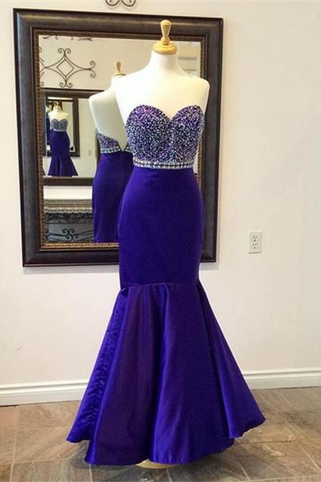 Purple Strapless Sweetheart Beaded Mermaid Floor-length Prom Dress, Evening Dress